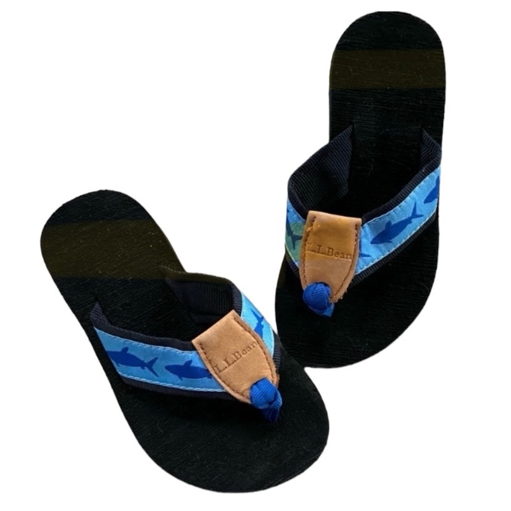 L.L. Bean Kids SHARK Flip Flops Blue Black Leather Logo Canvas Strap NWOT